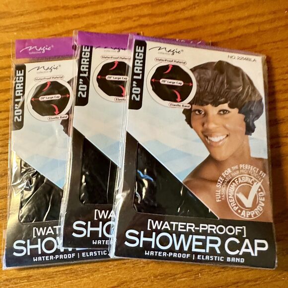 SHOWER CAP WaterProof Premium Elastic With Band Perfect Fit Black Sz L lot of 3 - Picture 1 of 6